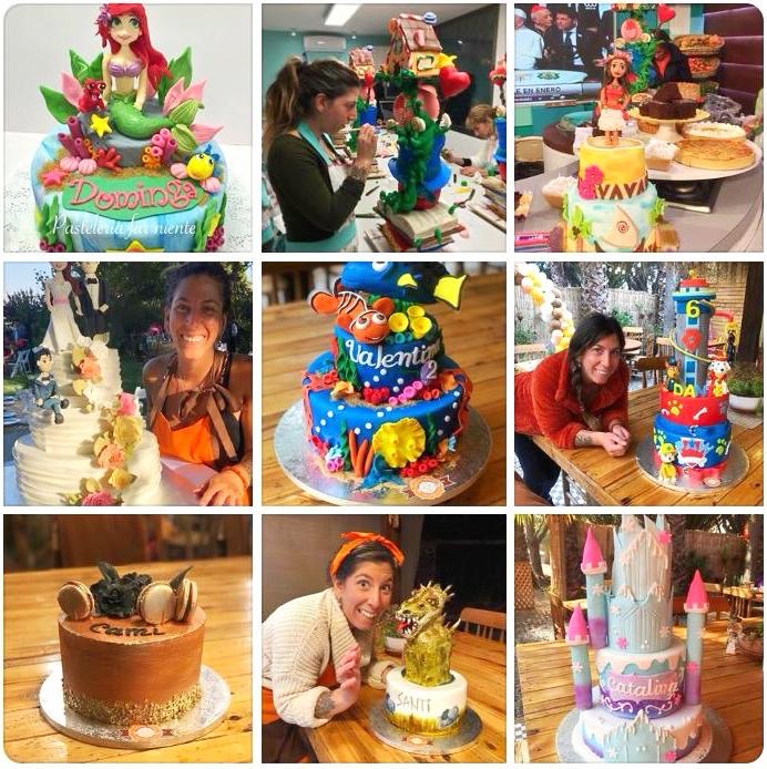 Collage de tortas de diseño de Far Niente: sirenita, Nemo, castillo de princesas y torta de novios, junto a María Belén en su taller